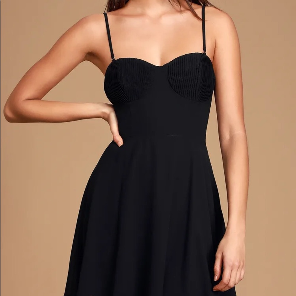 LULU Sweet Kiss Black Pleated Bustier Skater Dress
